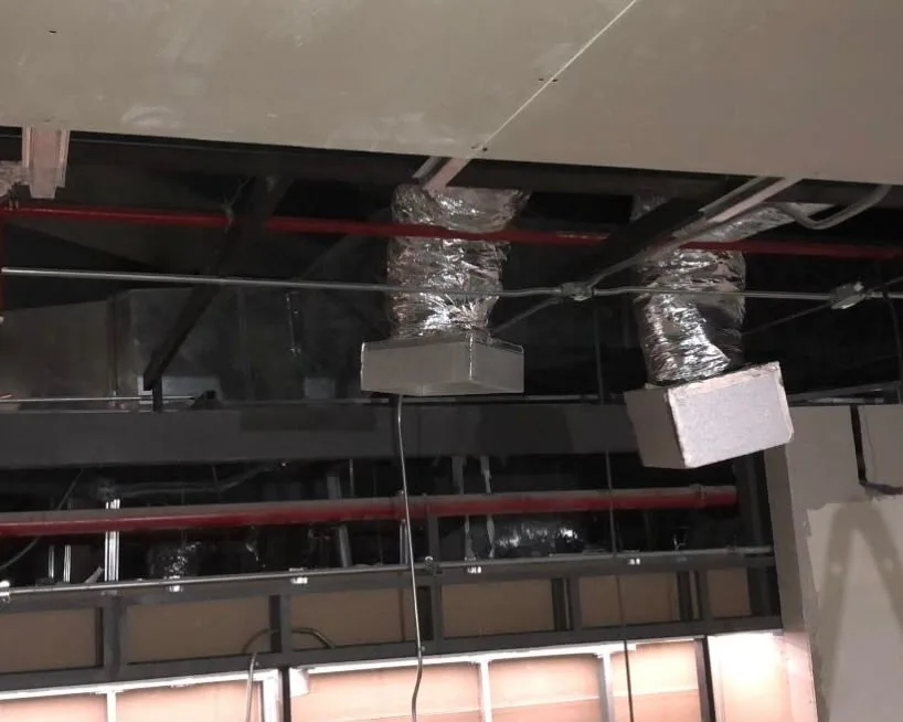 Tuberías CI rojas y ductos en techo industrial